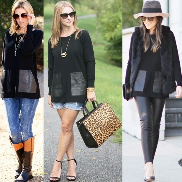 J. Crew Sweaters - J.Crew 100% Merino Wool Leather Pocket Tunic Sweater Black Longline Style 02624